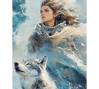 Canevas Broderie Point De Croix Kit Complet Adulte Debutant Compté Pré Imprimé Estampillé Moderne Débutant Avec Fils, Femme Et Loup 40X50Cm Point De Broderie Précis Imprimés Motif Du Point D