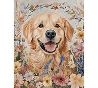 Canevas Broderie Point De Croix Kit Complet Adulte Debutant Golden Retriever Dans Les Fleurs 40X50Cm Kit Broderie Point De Croix Compté Pré Imprimé Enfant Débutant Adulte, Kit Canevas Comple