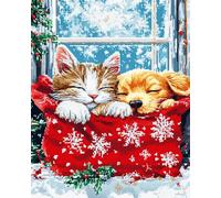 Canevas Broderie Point De Croix Kit Complet Adulte Debutant Noel, Compté Imprimé Enfant Débutant Noël, Avec Fils Au Modele Multicolore 40X50Cm (Un Joli Point De Croix De Noël Avec Deux Chats)
