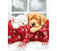 Canevas Broderie Point De Croix Kit Complet Adulte Debutant Noel, Compté Imprimé Enfant Débutant Noël, Avec Fils Au Modele Multicolore 40X50Cm (Un Joli Point De Croix De Noël Avec Deux Chats)