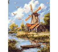 Canevas Broderie Point De Croix Kit Complet Adulte Debutant, Paysage De Moulin À Vent Hollandais 14Ct Kit Broderie Point De Croix Compté Imprimé Enfant Débutant Adulte Anglaise, Easy Set Loi