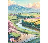 Canevas Broderie Point de Croix Kit Complet, Belle peinture de paysage rural, 50 * 70 cm, Kit Broderie Point de Croix Compté Imprimé Enfant DéButant Adulte, Easy Set Loisirs CréAtifs Broderie