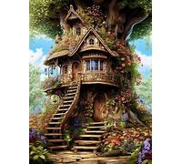 Canevas Broderie Point de Croix Kit Complet, Belles maisons d'arbres de jardin, 50 * 70 cm, Kit Broderie Point de Croix Compté Imprimé Enfant DéButant Adulte, Easy Set Loisirs CréAtifs Broderie