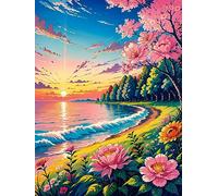 Canevas Broderie Point de Croix Kit Complet, Paysage de fleurs de plantes au coucher du soleil en bord de mer, A, Kit de broderie au point de croix avec motif imprimé, à faire à l’aiguille, facile po