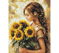 Canevas Broderie Point De Croix Kit Fille Tenant Un Bouquet De Tournesols Complet Adulte Debutant Compté Pré Imprimé Estampillé Moderne Débutant Avec Fils, 14Ct Cross Stitch Loisirs Créatifs