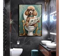 Caniche sur les toilettes lisant le journal, peinture murale moderne, impression sur toile, image d'animal drôle, décoration de salle de bain, 40 x 60 cm, sans cadre