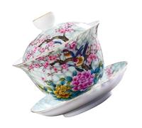 CANIGHT 1ensemble Bol à Thé Céramique Rétro avec Couvercle Motif Fleur et Oiseau Service à Thé Chinois pour Infusion Simple et Conservation Chaleur Tasse Décorative avec Soucoupe