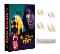 Canines de Dents de Vampire,5 Pièces Kit de Crocs de Vampire,vampire fangs,Avec 1 tube de billes adhésives 4 tailles sur mesure faux dentier,pour le cosplay de la fête d'Halloween Pâques fausse dent