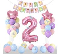 Canitor Décorations de 2e anniversaire pour fille - 16 ballons pastel de 30,5 cm - Bannière « Happy Birthday » - 2 ballons de 101,6 cm - Autocollants papillons 3D - Ballons étoiles et cœurs - 45,7 cm