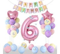 Canitor Décorations de 6e anniversaire pour fille de 6 ans, 16 ballons pastel de 30,5 cm, bannière « Happy Birthday », ballon chiffre 5, autocollants papillons 3D, ballons étoiles et cœur de 45,7 cm