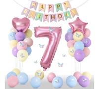 Canitor Décorations de 7e anniversaire pour fille - Lot de 16 ballons pastel de 30,5 cm - Bannière « Happy Birthday » - Ballon chiffre 5 - Autocollants papillons 3D - Ballons étoiles en forme de cœur
