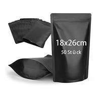 CANLENPK Lot de 50 sachets mylar refermables, fond plat, fermeture éclair, aluminium mate, thermoscellables, noirs, 18 x 26 cm