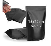 CANLENPK Lot de 50 sacs en Mylar avec fermeture éclair, sac de rangement alimentaire, feuille d'aluminium mat, scellé thermique, sac en Myla (noir, 15 x 22 cm)