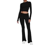 Canli4Y Workout Ensemble 2 pièces pour femme avec t-shirt à manches longues et pantalon évasé Y2K Vêtements pour femme, Noir , S