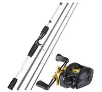 Canne à Pêche Kits de Canne à pêche Baitcasting en Fiber Carbone, 4 Sections, Tige coulée et Bobine métal for Ensemble au Bar d'eau Douce(1.98M-Left Hand,C6)