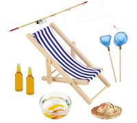 Canne à pêche miniature et accessoires avec chaise de pêche, chapeau de paille et bol à poisson pour projets de bricolage, décoration de maison de poupée et jardin miniature