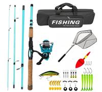 Canne à pêche portable et moulinet pour combo avec boîte à leurres et épuisette - 4 sections télescopique pour voyage en eau douce et salée Kit débutant Bleu 52 cm