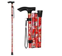Canne de marche pliable avec poignée en T - Déambulateur réglable en hauteur pour personnes âgées, handicapés, hommes et femmes - Canne de marche en noir (fleur rouge)