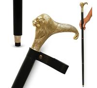 Canne en bois noir avec tête de lion en laiton - Style vintage - Avec sangle en cuir - Pour homme et femme - Idéale pour cosplay, reconstitutions historiques ou cadeau de collection