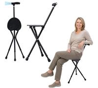 Canne Pliante avec siège et éclairage LED, Canne de Marche Robuste à Hauteur réglable pour Personnes âgées, Chaise-Canne en Alliage d'aluminium avec poignée magnétique thérapeutique (Noir)