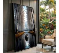 Canoë serein dans une forêt de bouleaux, toile représentant un paysage fluvial, art mural représentant des arbres d'hiver brumeux, toile reflétant la nature, peinture (80 x 150 cm / cadre intérieur)