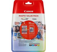Canon CLI-521 Cartouche BK/C/M/Y Noir, Cyan, Magenta, Jaune + Pack de 50 feuilles photo PP-201 10x15cm