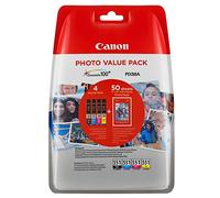 Canon CLI-551 Cartouches BK/C/M/Y Multipack Noir, Cyan, Magenta, Jaune + Pack de 50 feuilles papier photo PP-201 10x15cm (Emballage plastique)