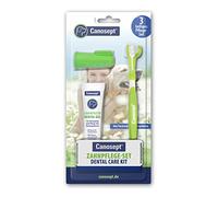 Canosept Set de Soins dentaires (3 éléments) - Dentifrice Chien - Brosse à dent Chien - Plaque Destructor Chien - Mauvaise haleine Chien - pour Le Nettoyage et Le Soin des Dents du Chien