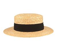 Canotier de Paille Breit - Chapeau de Gondolier Soleil, Boater 100% Paille Ruban Gros Grain Noir, Bord 6 cm - Beige
