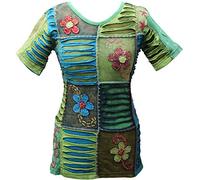 Canotta da Donna blu Fiore ricamato Shopoholic Manica Corta Hippie