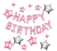 CANREVEL Bannière « Happy Birthday » - Lot de 13 lettres en aluminium Mylar de 40,6 cm avec 12 ballons en forme d'étoile - Décorations de fête d'anniversaire pour enfants et adultes - Rose 3D
