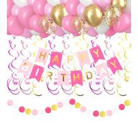 CANREVEL Décorations roses et dorées « Happy Birthday » - Bannière « Happy Birthday » - Tourbillons métalliques à suspendre - Guirlande à pois - Ballons de fête d'anniversaire roses pour femmes et