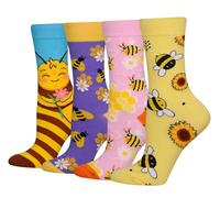 Cansok Femme Chaussettes en Coton Motif de Abeille Animaux cadeau Chaussettes Fantaisie Mi-mollets d’équipage Lot de 4 paires