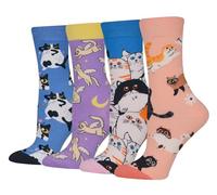 Cansok Femme Chaussettes en Coton Motif de Animale Heureuse Chatte cadeau Chaussettes Fantaisie Mi-mollets d’équipage Lot de 4 paires