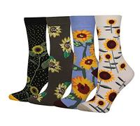 Cansok Femme Chaussettes en Coton Motif de Étoiles de tournesol fleur cadeau Chaussettes Fantaisie Mi-mollets d’équipage Lot de 4 paires