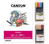 Canson Graduate Manga Block Kit 30 Feuilles Lisses 200g, Lyra Aqua Brush Duo Primary Tones 6 Unités Et Lyra Aqua Brush Duo Skin Tones 6 Unités, Marqueurs Double Fin -