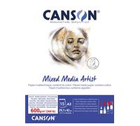 CANSON Mixed Media Artist - Bloc 15 feuilles - Papier multitechnique - Grain fin - A3-600g/m² - Blanc