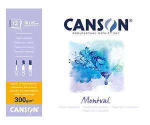 CANSON Montval - Bloc 12 feuilles papier aquarelle grain fin - 18 x 25 cm - 300g/m² - Blanc