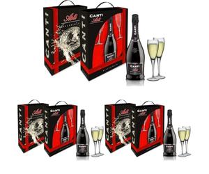 Canti - Asti D.O.C.G. Millesimato, Vin Petillant Spumante, Moscato d'Asti, Coffret Cadeau avec Deux Verres, Élaboré à Partir du Cépage du Piémont, Goût Fruité et Aromatique, 1x750 ml (Lot de 3)