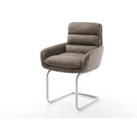 Cantilever Abelia-Flex avec accoudoirs microvelours taupe vintage pied cantilever rond acier inoxydable brossé