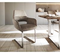 Cantilever Yago-Flex avec accoudoirs microvelours taupe vintage pied cantilever plat acier inoxydable brossé ressorts ensachés