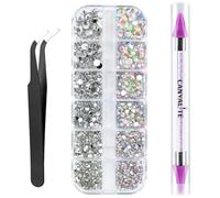 Canvalite 1500 Pièces Strass Nail Art en 6 Tailles, Gems à Dos Plat Rond Cristal AB Strass avec Pincette Pick Up et Stylo Pointeur Strass Outils d'art pour Ongles, Vêtements, Visage, Artisanat