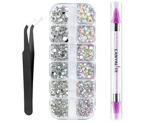 Canvalite 1500 Pièces Strass Nail Art en 6 Tailles, Gems à Dos Plat Rond Cristal AB Strass avec Pincette Pick Up et Stylo Pointeur Strass Outils d'art pour Ongles, Vêtements, Visage, Artisanat