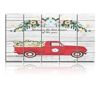 Canvas Wall Art 5 Piece Large Print Painting Spring is the best season of the year Red Car Wood Grain Picture Framed Abstract Artwork,Modern Home Office Livingroom Bedroom Decor,Ready to Hang 8"x24"x5