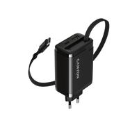 CANYON OnCharge 65RC 65 W GaN Chargeur mural avec câble USB-C intégré, ports USB-C PD et USB-A QC, charge rapide à 3 ports, adaptateur secteur UE, noir