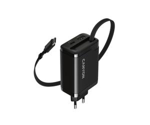 CANYON OnCharge 65RC 65 W GaN Chargeur mural avec câble USB-C intégré, ports USB-C PD et USB-A QC, charge rapide à 3 ports, adaptateur secteur UE, noir