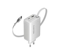 CANYON OnCharge 65RC Chargeur mural GaN 65 W avec câble USB-C rétractable intégré, charge rapide USB-C PD et USB-A QC, adaptateur d'alimentation UE à 3 ports, blanc