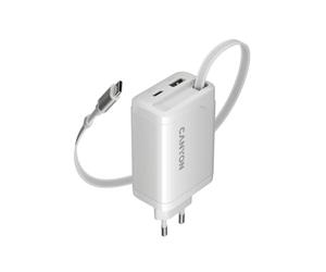 CANYON OnCharge 65RC Chargeur mural GaN 65 W avec câble USB-C rétractable intégré, charge rapide USB-C PD et USB-A QC, adaptateur d'alimentation UE à 3 ports, blanc