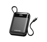 CANYON OnPower 104 Batterie externe 10 000 mAh, charge rapide 22,5 W, PD 20 W, câble USB-C et Lightning intégré, affichage numérique, compatible avec les compagnies aériennes, noir