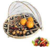 CAOLIN Panier à Fruits Tressé,Corbeille A Fruit Bambou Avec Gaze Grand Plateau Rond Moustiquaire Cloche Alimentaire de Pique-Nique Antipoussière Tissé La Main Corbeille En Osier